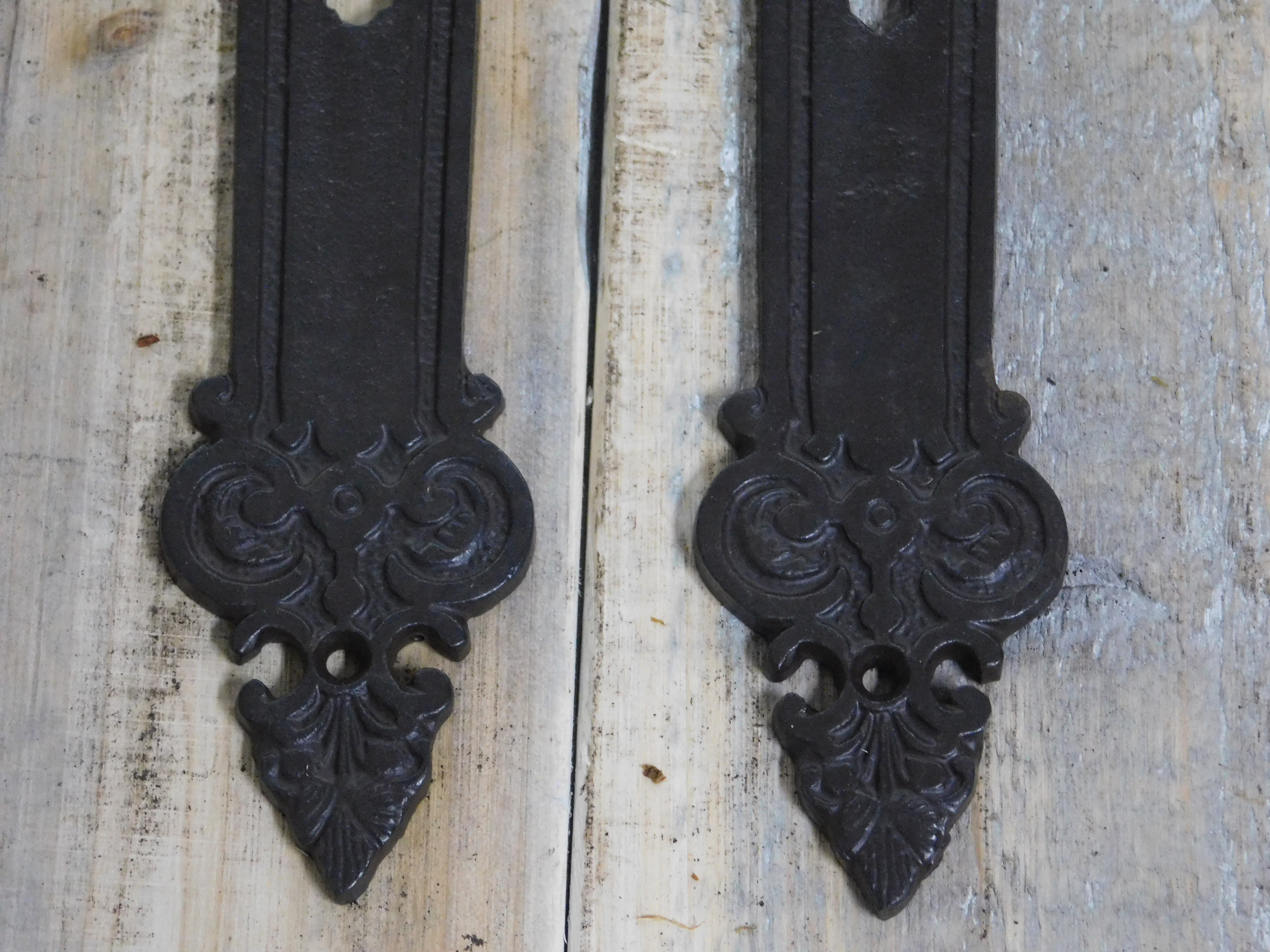 Set van 2 x lange platen en 2 deur hendels met keramiek in antiek wit, BB deurbeslag, antiek ijzer