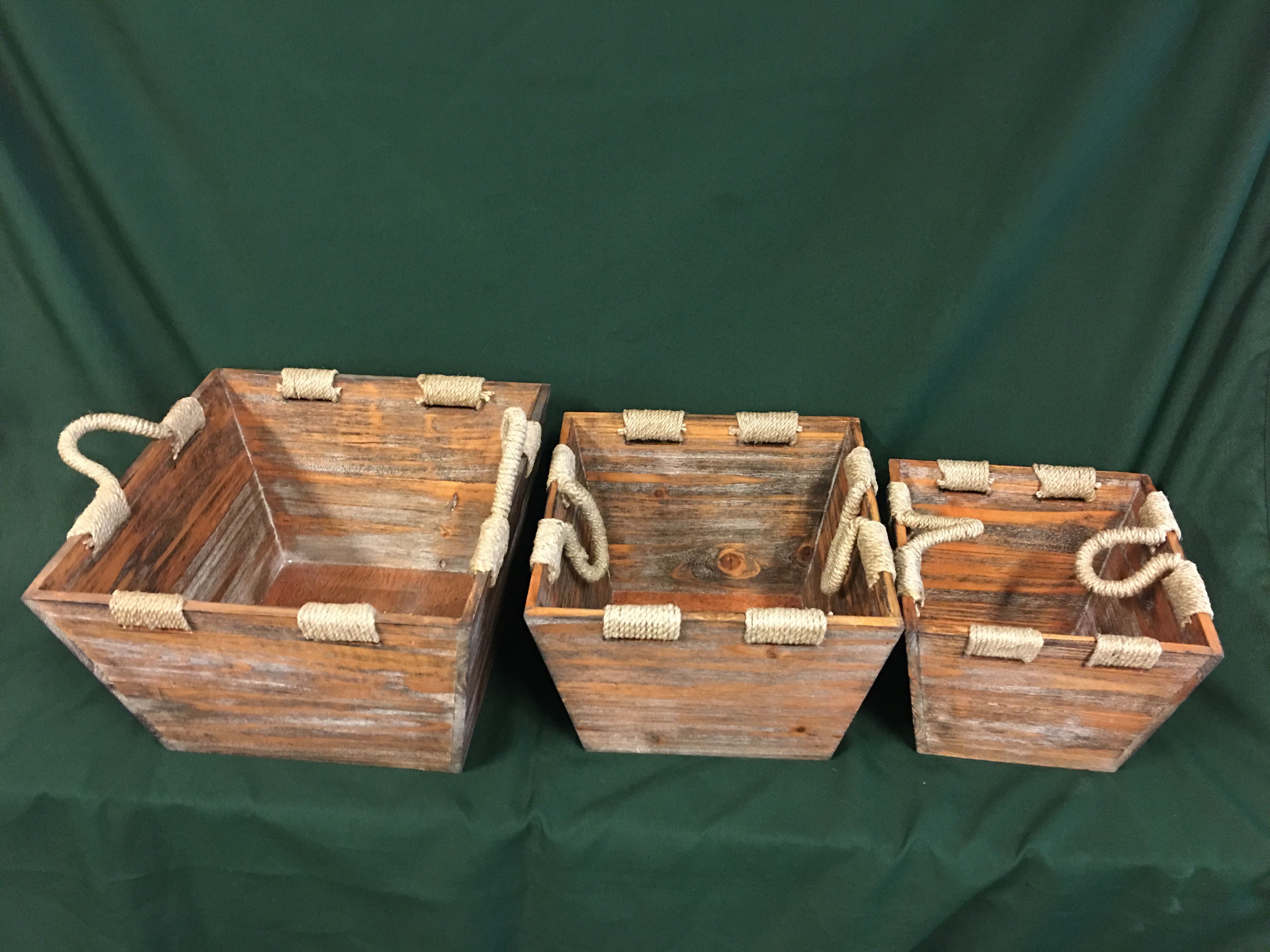 Set aus 3 asiatischen Holzbehältern mit Sisalseil