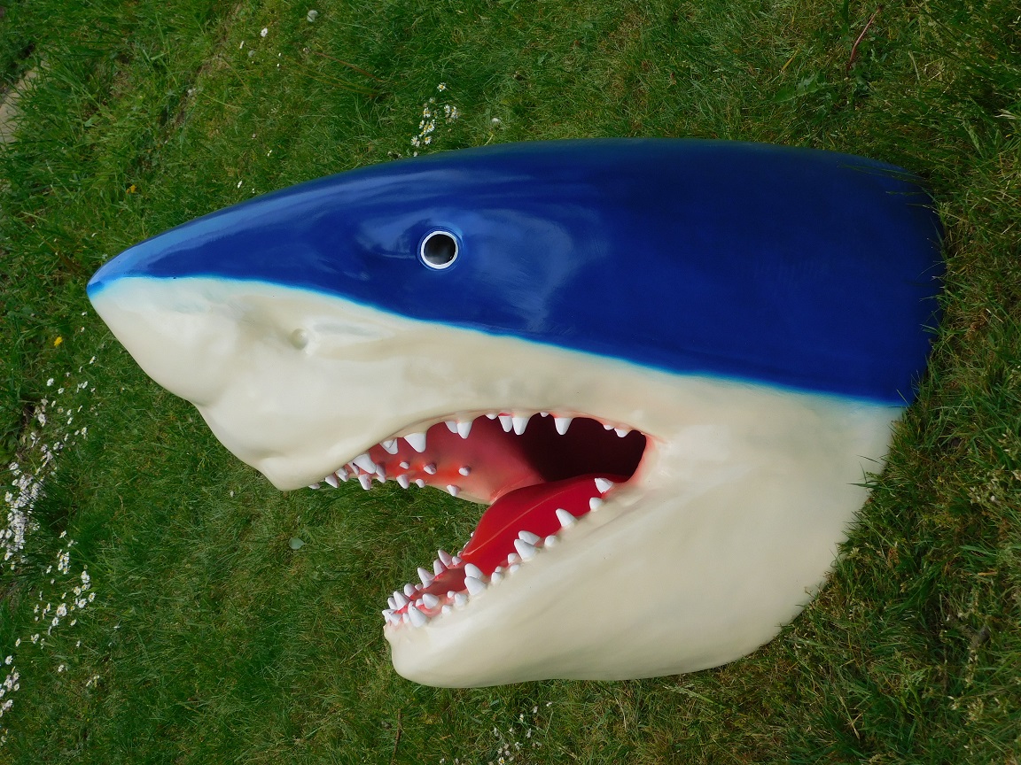 Großer Haifischkopf mit offenem Maul.