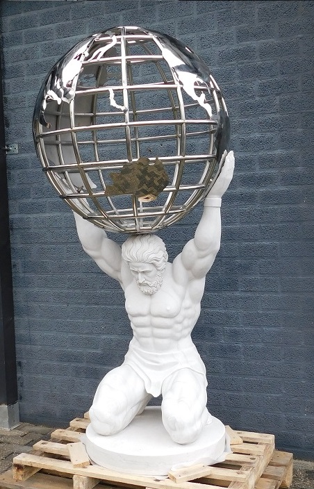 Uniek Atlas beeld met wereldbol - vol marmer met nikkel - XXL