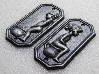 Gietijzeren Toiletbordjes Man & Vrouw – Set van 2 in Old Silver Look