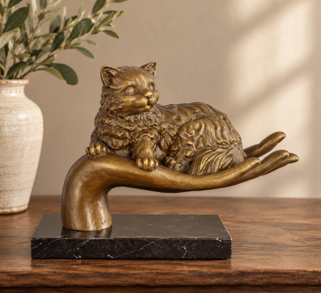 bronzen beeld van een poes , hand