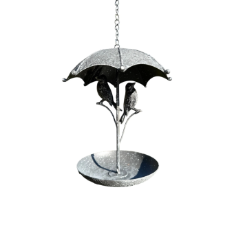 Elegantes Vogelbad mit Vögeln und Regenschirm – Metall