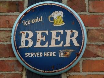 Wandbord ''Ice Cold BEER Served Here'' - Metaal - Rond