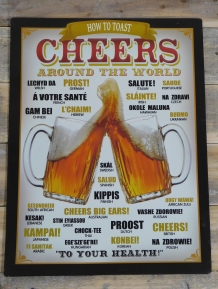 Wandbord Bier - ''Proost'' in vele talen - Metaal