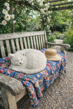 Zusammengekauerte, lebensecht wirkende Katze, Beton