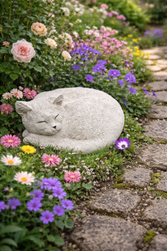 Zusammengekauerte, lebensecht wirkende Katze, Beton