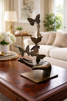 Wunderschöne Bronzeskulptur: „Hand mit Schmetterlingen“ – Symbol für Freiheit und Loslassen