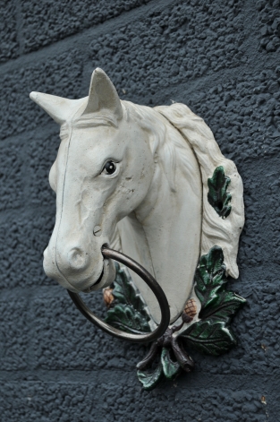 Paardenhoofd met ring, gietijzer wit/rust.