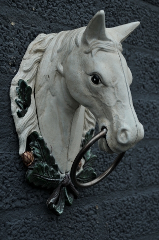 Paardenhoofd met ring, gietijzer wit/rust.