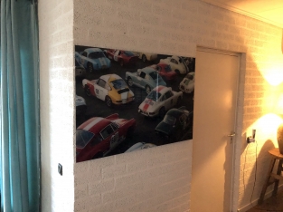 Wanddecoratie kunst op glas, Full color oldtimer & Porsche, zeer fraai!!