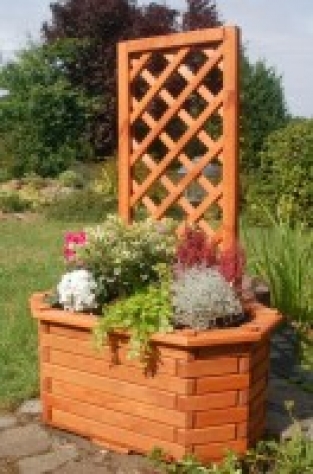 Bloembak, plantenbak, van massief hout met prachtig bewerkte pergola