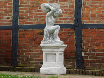 Statue Atlas mit Glühbirne + Blumentopf auf Sockel - 170 cm - Stein
