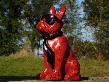 Französische Bulldogge mit Sonnenbrille und Krawatte – Rot/Schwarz – Polystone – 35 cm
