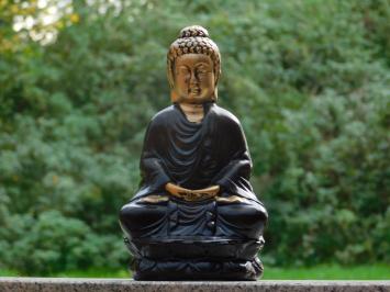 Atmosphärische Buddha-Statue – 30 cm – Keramik – Schwarz mit Gold – Meditierender Buddha auf Lotussockel