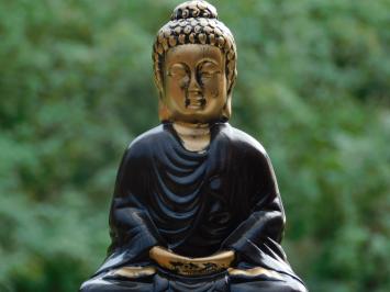 Atmosphärische Buddha-Statue – 30 cm – Keramik – Schwarz mit Gold – Meditierender Buddha auf Lotussockel
