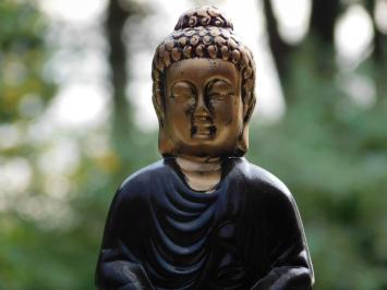 Atmosphärische Buddha-Statue – 30 cm – Keramik – Schwarz mit Gold – Meditierender Buddha auf Lotussockel