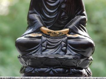 Atmosphärische Buddha-Statue – 30 cm – Keramik – Schwarz mit Gold – Meditierender Buddha auf Lotussockel