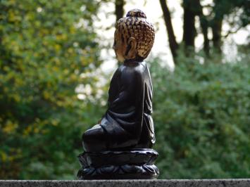 Atmosphärische Buddha-Statue – 30 cm – Keramik – Schwarz mit Gold – Meditierender Buddha auf Lotussockel