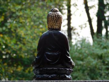 Atmosphärische Buddha-Statue – 30 cm – Keramik – Schwarz mit Gold – Meditierender Buddha auf Lotussockel