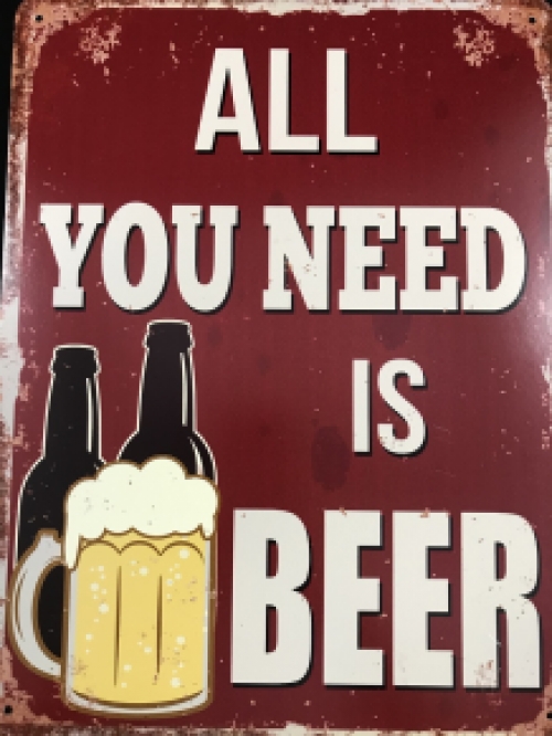 Bordje met de tekst: 'ALL YOU NEED IS BEER', mooie sign!