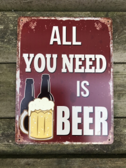 Schild mit der Aufschrift: 'ALL YOU NEED IS BEER', schönes Schild!