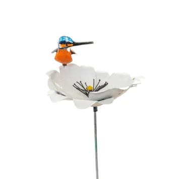 Gartensteckblume mit Eisvogel - Metall - Weiße Gartenblume