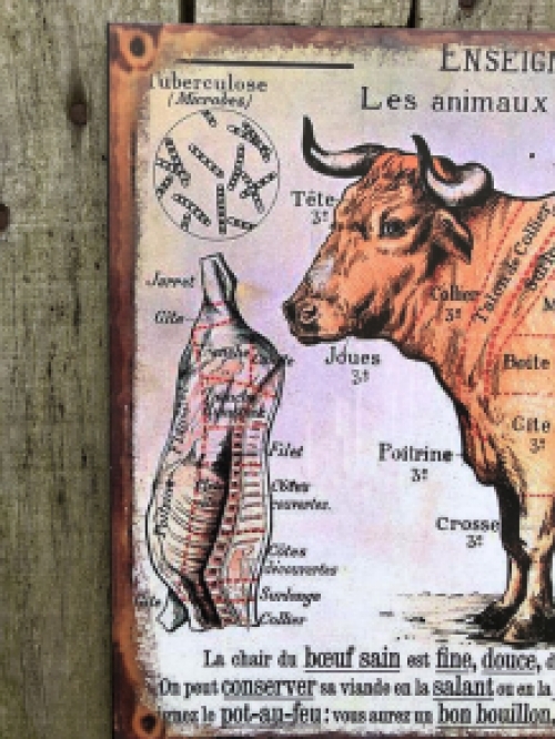 Metalen schild met een rund en de vleesverdeling in soorten, Le Boeuf