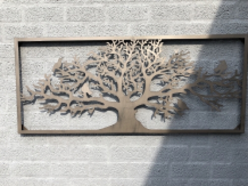 Prachtig breed rechthoekig decoratief metalen wandornament, vogels & boom