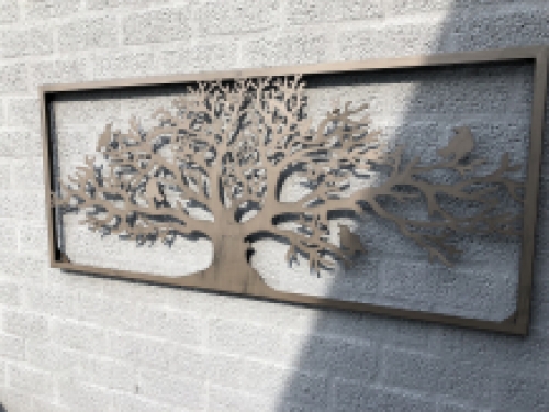 Prachtig breed rechthoekig decoratief metalen wandornament, vogels & boom