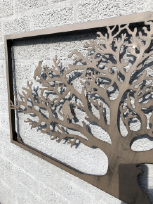 Prachtig breed rechthoekig decoratief metalen wandornament, vogels & boom