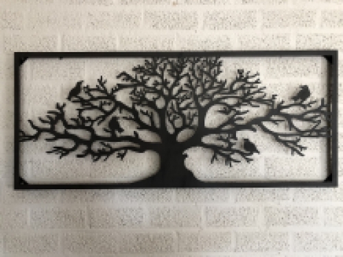 Prachtig breed rechthoekig decoratief metalen wandornament, vogels & boom