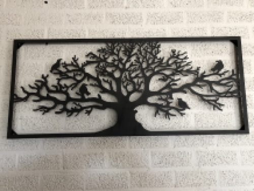 Prachtig breed rechthoekig decoratief metalen wandornament, vogels & boom