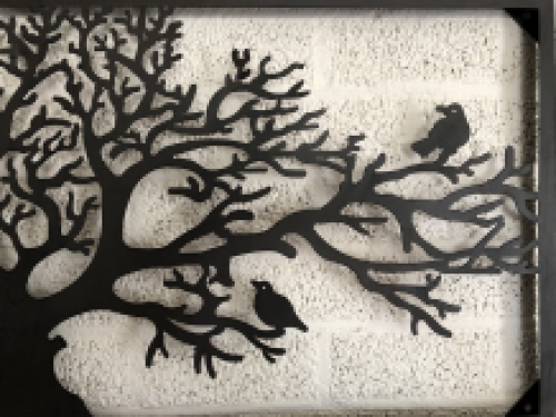 Prachtig breed rechthoekig decoratief metalen wandornament, vogels & boom