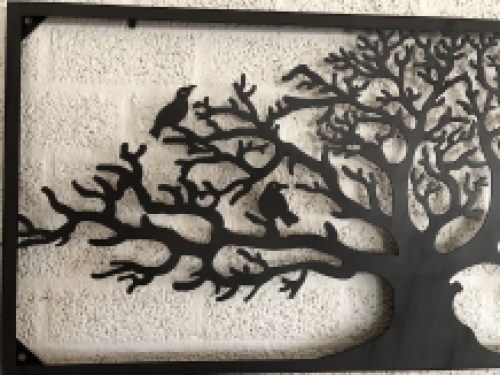 Prachtig breed rechthoekig decoratief metalen wandornament, vogels & boom