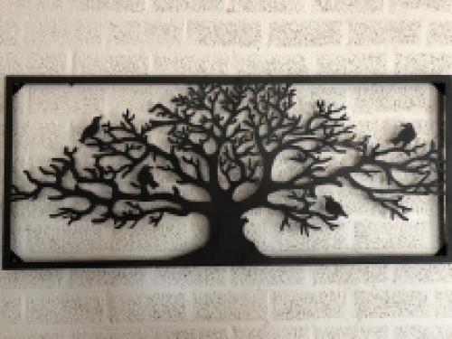 Prachtig breed rechthoekig decoratief metalen wandornament, vogels & boom