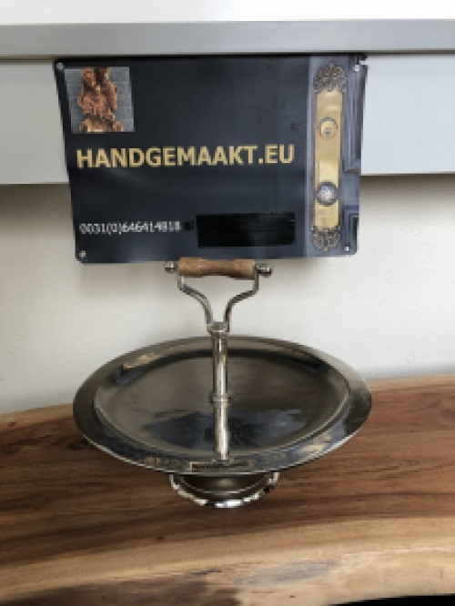 Cake serveer schaal nikkel met houten handvat, LAATSTE!!