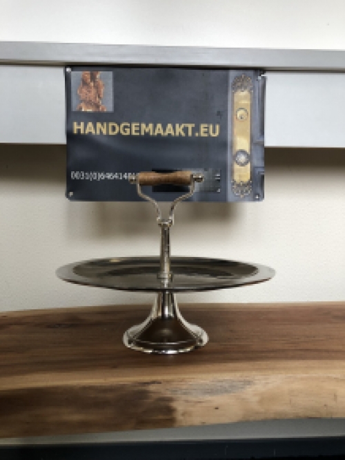 Cake serveer schaal nikkel met houten handvat, LAATSTE!!