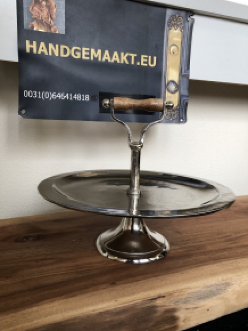 Cake serveer schaal nikkel met houten handvat, LAATSTE!!