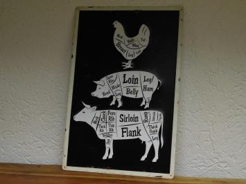 Wandbord Kip, Varken en Koe - Metaal - Butchers 'Guide