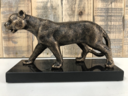 1 Sculpture Leopard, massief ijzer, brons look met marmeren plaat,laatste