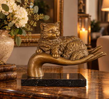 bronzen beeld van een poes , hand