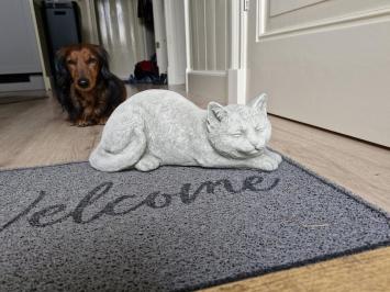 Gartenstatue einer Katze, Gänseblümchen