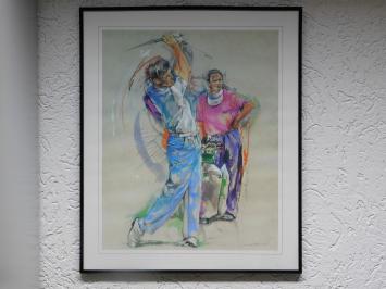 Gemälde mit Golfspielern - Von Twan V 1989 - Signiert - Inklusive Rahmen