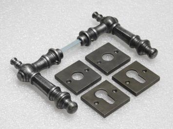 Set Klinken Victoria + Klink- en- Slotrozetten Vierkant - Gietijzer Verzinkt