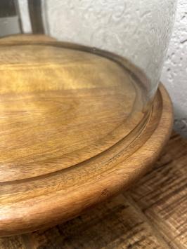 Forse glazen vintage stolp op houten plateau  - alu voet - diameter 36 cm