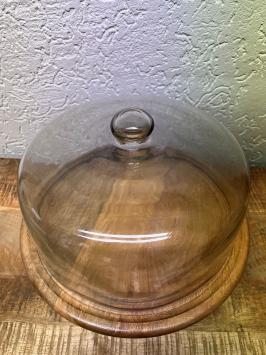 Forse glazen vintage stolp op houten plateau  - alu voet - diameter 36 cm