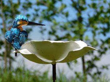 Gartensteckblume mit Eisvogel - Metall - Weiße Gartenblume