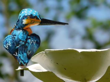 Gartensteckblume mit Eisvogel - Metall - Weiße Gartenblume
