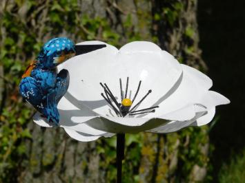 Gartensteckblume mit Eisvogel - Metall - Weiße Gartenblume